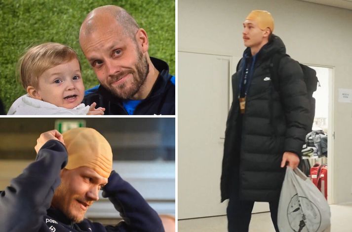 Samherjar Teemu Pukki mættu með skalla til leiks og plastpoka, í hans anda, á kveðjuleikinn. Pukki var sjálfur með tár á hvarmi.