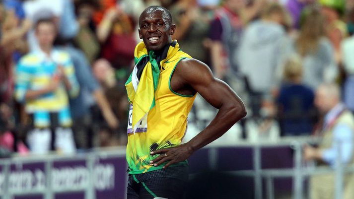 Bolt eftir hlaupið í gær.