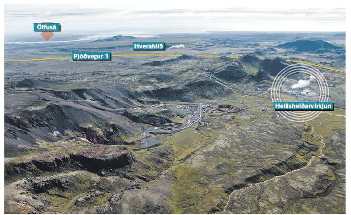 Hverahlíð er þar sem gufan sést í fjarska efst á myndinni en Hellisheiðarvirkjun er nær. Á milli er þjóðvegur 1.