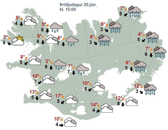 Rigningin á að færa sig til austurs á morgun.