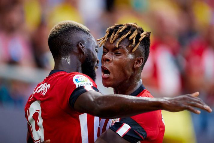 Bræðurnir Inaki Williams og Nico Williams fagna saman marki með Athletic Bilbao liðinu.