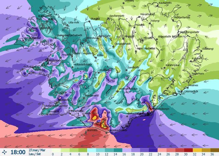 Það verður ansi hvasst víða á landinu síðdegis á morgun miðað við þetta vindaspákort Veðurstofunnar.