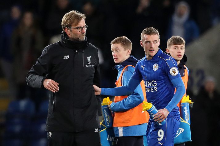 Jürgen Klopp og Jamie Vardy eftir leikinn.