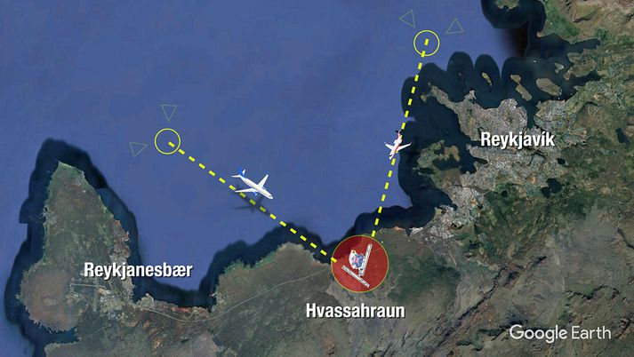 Aðflugsferlar yfir Faxaflóa, miðað við hugmynd ráðgjafanna Goldberg Partners um legu flugbrauta.