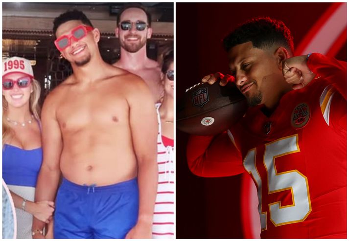 Patrick Mahomes ætlar að leiða Kansas City Chiefs til sigurs í Super Bowl í fjórða sinn á komandi leiktíð. Hann er flottur í fullum klæðum en sumarmyndirnar af honum eru ekki að vekja lukku hjá sumum.