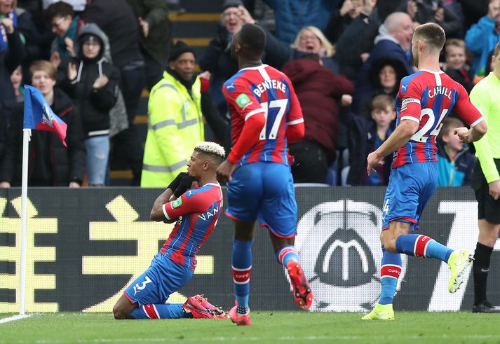 Leikmenn Crystal Palace fagna með hetju dagsins, Patrick van Aanholt.