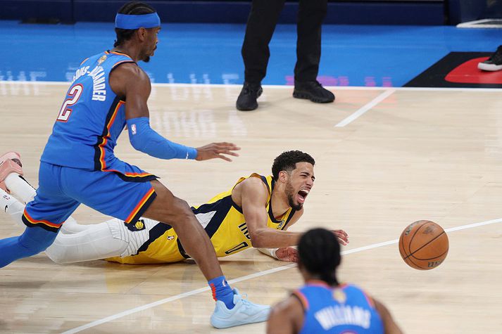 Tyrese Haliburton sleit hásin í fyrsta leikhluta oddaleiks úrslitaeinvígis NBA deildarinnar í vor