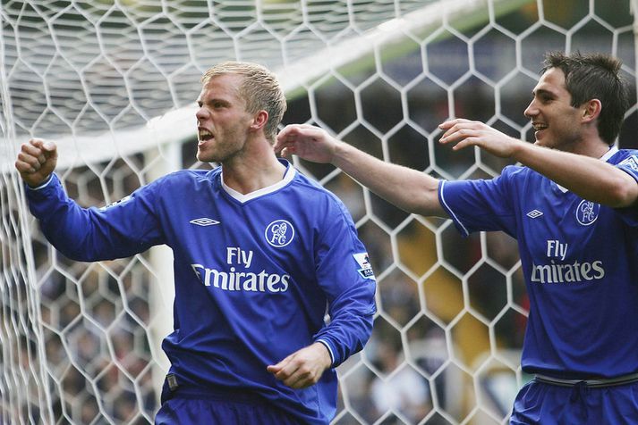 Eiður Smári Guðjohnsen og Frank Lampard fagna saman marki þess fyrrnefnda á móti West Bromwich Albion árið 2004.