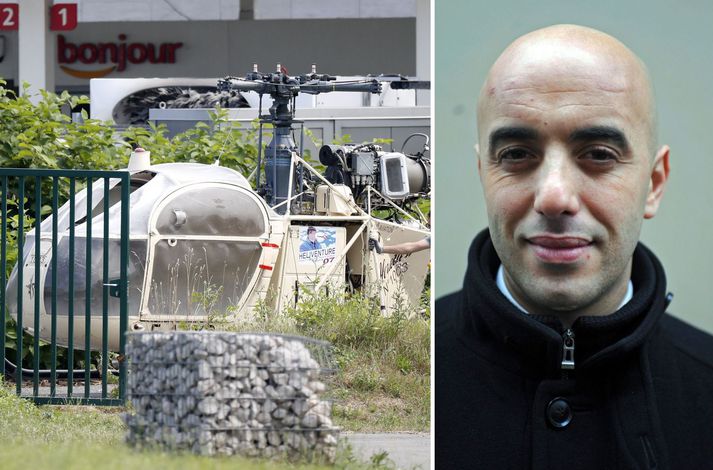 Rédoine Faïd stakk af úr fangelsi í þessari þyrlu, sem síðar fannst í skóglendi.