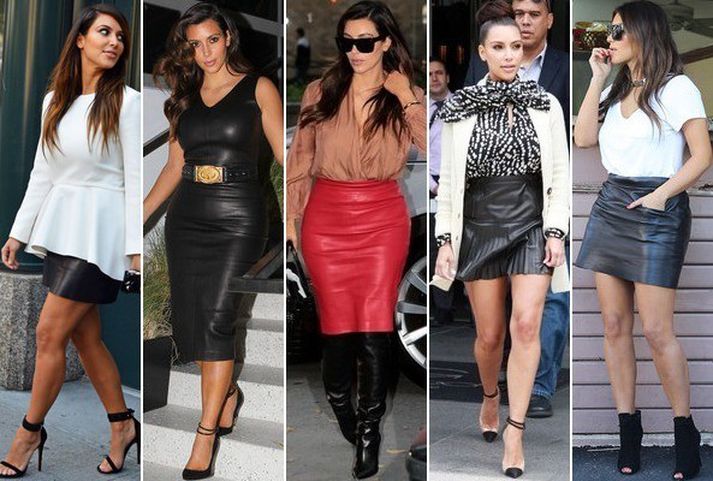 Kim Kardashian kann augljóslega vel við sig í leðurfatnaði.