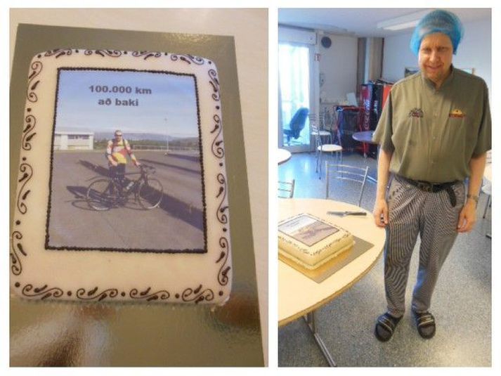 Samstarfsfélagar Stefáns gáfu honum köku þegar hann lauk hundrað þúsundasta kílómetranum.