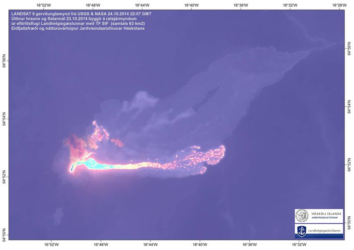 Gervitunglamynd frá sl. föstudegi sem sýnir gosið og útlínur hraunsins.