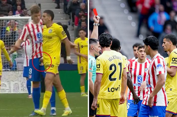 Abdel Abqar fékk á endanum beint rautt spjald fyrir að klípa Alexander Sörloth í millifótakonfektið.