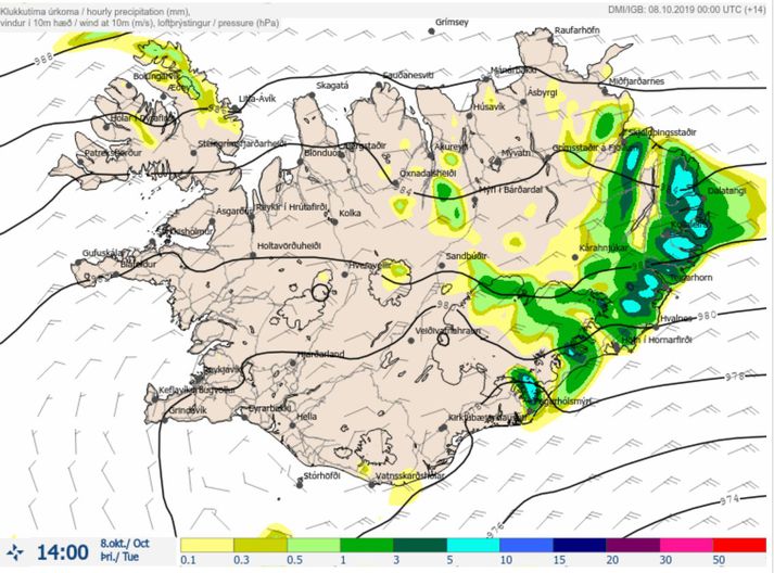 Draga mun úr úrkomu á Austurlandi síðdegis. Svona lítur úrkomuspáin út klukkan 14.