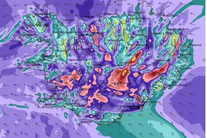 Svona lítur vindaspáin út klukkan 21 í kvöld.