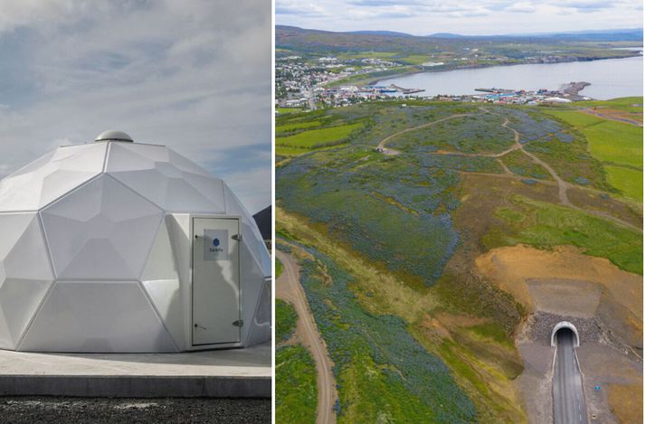 Iðnaðarsvæðið á Bakka er norðanmegin við Húsavíkurhöfða. Á myndinni til hægri er hoft yfir höfðann til Húsavíkur. Carbfix vill reisa kolefnisförgunarstöð á Bakka en koltvísýringi yrði dælt niður í nokkrum borholum líkum þeirri sem sést á myndinni vinstra megin.