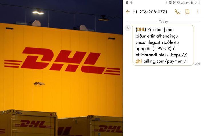 Hér til hliðar má sjá skjáskot af umræddum smáskilaboðum sem sannarlega eru ekki frá DHL heldur óprúttnum aðilum sem fara undir fölsku flaggi.