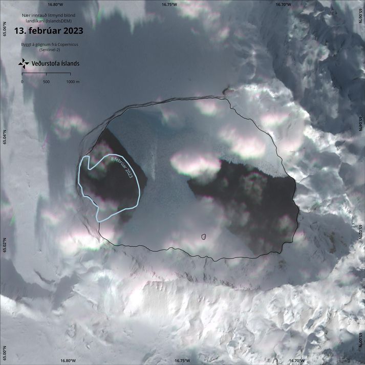 Mynd Sentinel-2-gervitunglsins frá 13. febrúar 2023 sýnir hvernig ís hefur hörfað af stórum hluta Öskjuvatns.