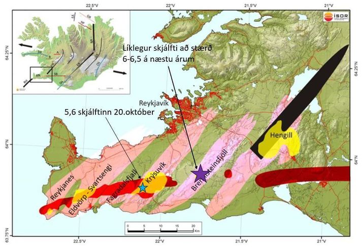 Hér má sjá mynd sem jarðeðlisfræðingurinn Ólafur Flóvenz gerði. Bláa stjarnan táknar jarðskjálftann í gær og sú fjólubláa merkir líklega staðsetningu jarðskjálfta við Brennisteinsfjöll.