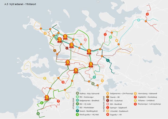 Mynd af nýja leiðanetinu úr áfangaskýrslu Eflu.