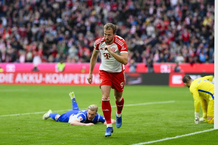 Harry Kane hlóð í þrennu fyrir Bayern í dag.