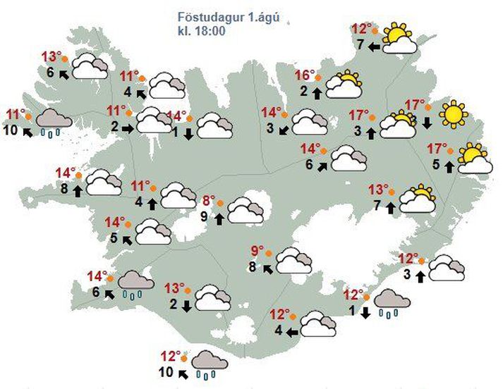 Það stefnir í sól og nokkurn hita á norður- og austurlandi á föstudagskvöld. Væta og vindur er í kortunum í Vestmannaeyjum en ágætt að hafa í huga að vindaspá Veðurstofunnar í Eyjum miðast við Stórhöfða.
