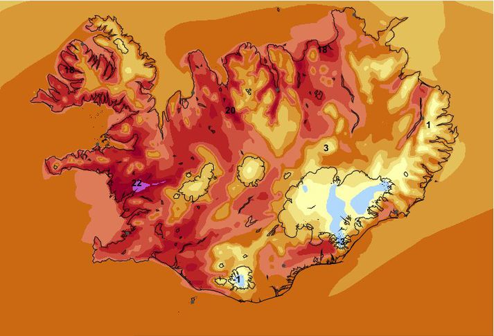 Hitakort fyrir landið í dag