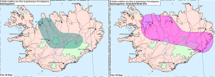 Litaði flekkurinn (blátt) sýnir líkur á mengun í dag. Litaði flekkurinn (bleikt) sýnir líkur á mengun á morgun.