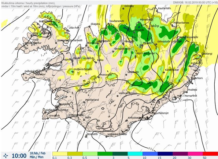 Úrkomuspá Veðurstofu Íslands fyrir klukkan 10 í dag en eins og sjá má er spáð þó nokkurri ofankomu fyrir norðan og austan.