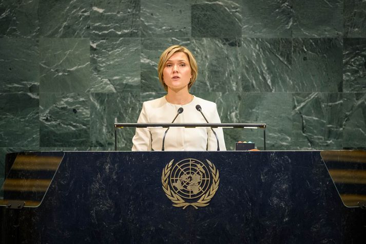 Kristrún Frostadóttir forsætisráðherra í pontu í New York í gær.