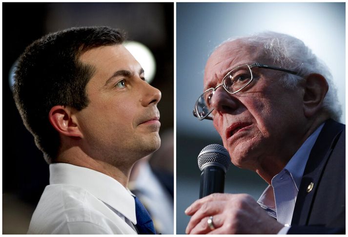 Buttigieg (t.v.) og Sanders (t.h.) eru fremstir í flokki í skoðanakönnunum fyrir forval demókrata í New Hampshire. Sá fyrrnefndi þykir sá frambjóðandi sem stendur næst miðjunni en Sanders er lengst til vinstri.