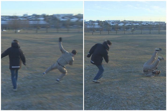 Hörð keppni endaði með smá byltu.