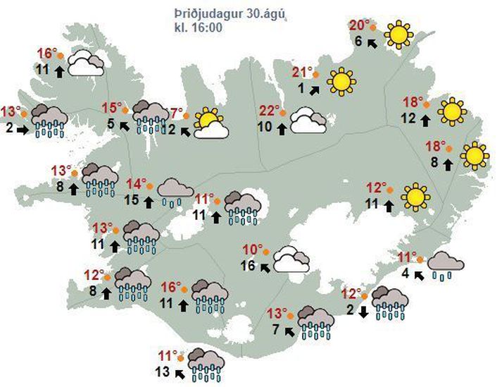 Veðrinu verður misskipt á morgun, eins og glögglega má sjá á þessari mynd.