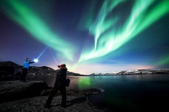 Mikill fjöldi ferðamanna hópast í rútur og jeppa á dimmum vetrarkvöldum til að skoða norðurljósin.