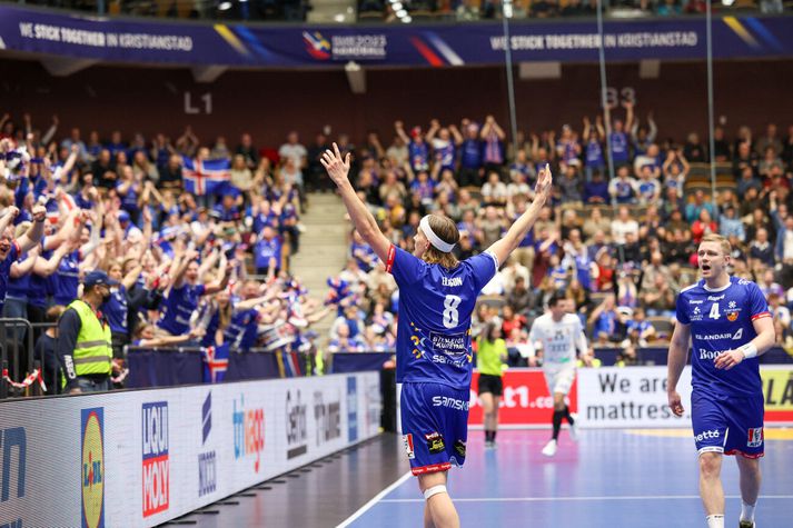 BJarki Már Elísson og Aron Pálmarsson fagna með íslensku áhorfendunum á HM fyrir þremur árum þegar Ísland spilaði einnig í Kristianstad.