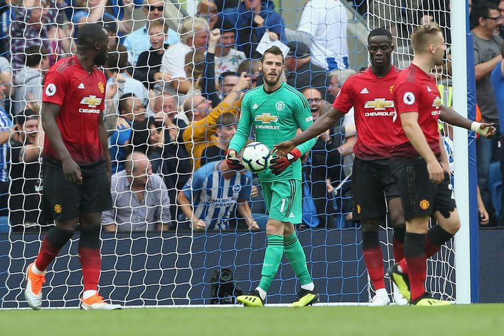 David de Gea and Eric Bailly eftir að hafa fengið á sig mark á móti Brighton & Hove Albion.