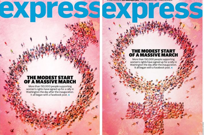 Fyrri myndin sýnir forsíðuna með karltákninu sem var prentuð fyrir mistök.