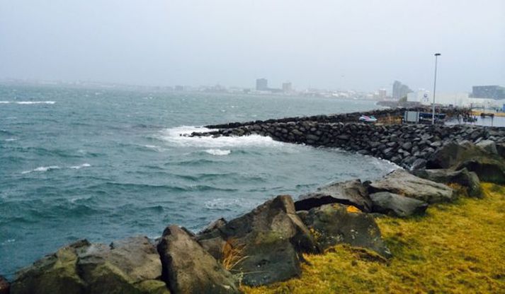 Það var hvasst úti á Granda í Reykjavík í hádeginu í dag.