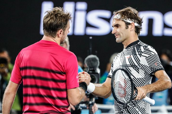 Roger Federer og Stan Wawrinka í morgun.
