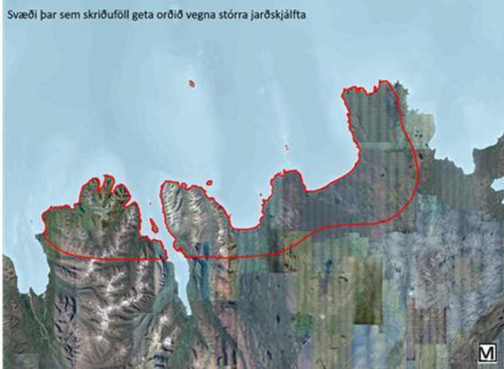 Rauða svæðið táknar það svæði þar sem hætta er á jarðskriðum í kjölfar stórs skjálfta.