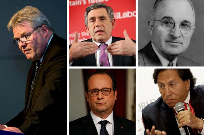 Sigurður Ingi Jóhannsson og sögulega óvinsælir leiðtogar. Réttsælis frá efst til vinstri; Gordon Brown, Harry S. Truman, Alejandro Toledo og Francoise Hollande.