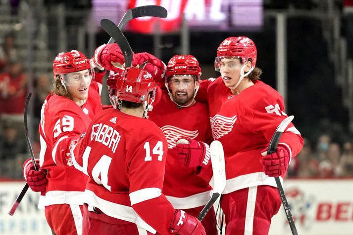 Dylan Larkin fagnar marki með félögum sínum í Detroit Red Wings.