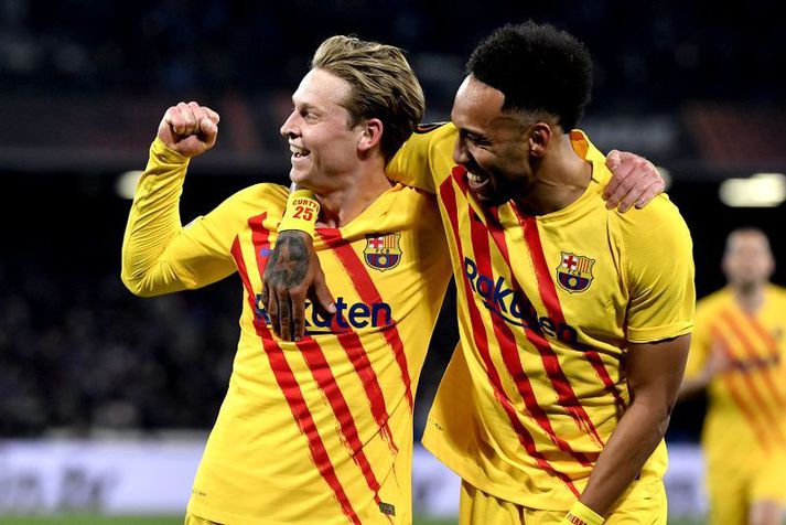 Frenkie de Jong og Pierre-Emerick Aubameyang fagna marki í Evrópudeildinni með Barcelona.