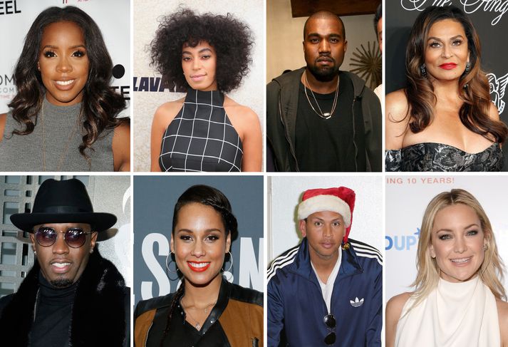 Efri röð frá vinstri: Kelly Rowland, Solange Knowles, Kanye West og Tina Knowles. Neðri röð frá vinstri: Diddy, Alicia Keys, Alex Rodriguez og Kate Hudson.