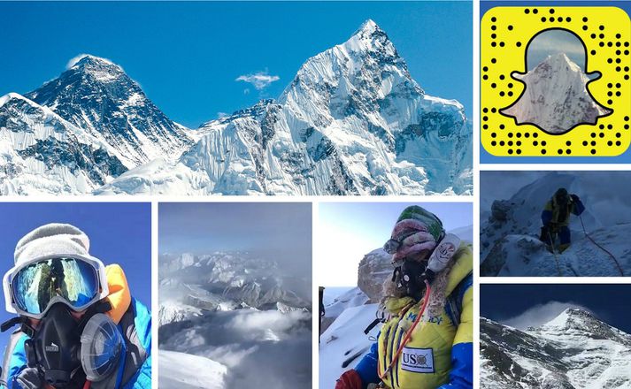 Cory Richards komst upp á topp Everest í nótt og var virkur á Snapchat á meðan fjallgöngunni stóð.