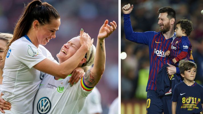 Lionel Messi þarf ekki að kvarta yfir launum sínum. Sara Björk Gunnarsdóttir er líklega launahæsta knattspyrnukona Íslands en hér fagnar hún með liðsfélaga sínum Nillu Fischer hjá Wolfsburg