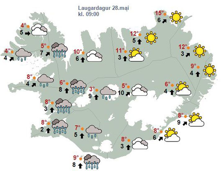 Svona lítur spákort Veðurstofa Íslands út fyrir laugardagsmorgun.