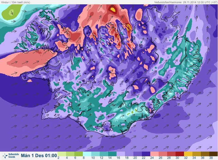 Spá fyrir vind kl. 01 aðfaranótt mánudags 1. desember. Sjá má mjög skæða vindstengi NV- og N-til á landinu. Þarna er lægðin stödd norðvestur af Vestfjörðum, nærri þeim stað þar sem lágmark er í vindstyrk