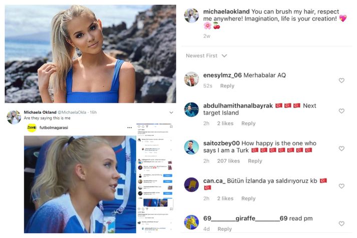 Svo virðist sem að einhverjir hafi talið að Michaela Oakland sé íslenski aðdáandinn.