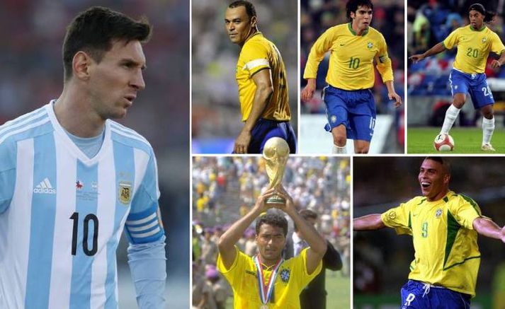 Lionel Messi er einn á móti Rivaldo, Kaká, Ronaldinho, Romário og Ronaldo.